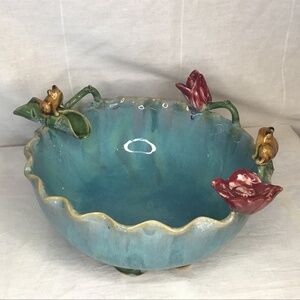 Vintage Majolica Style Ceramic Frog & Lily Pad Bowl or Planter , Turquoise Glaze